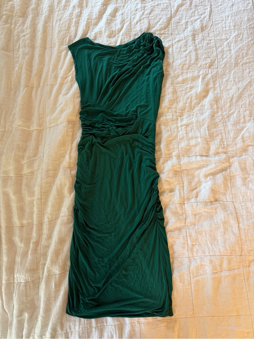 Elegant asymmetric -Shoulder Green Ruched Women’s Dress